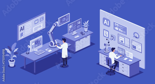 Isometric ai research lab with scientists and robotic arm in modern workspace