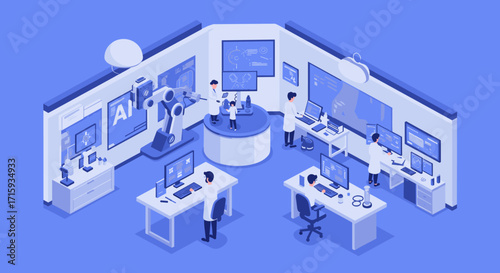 Isometric laboratory with scientists and advanced ai technology in futuristic lab