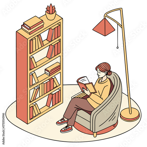 Cozy isometric illustration of a woman reading a book in a comfortable armchair next to a bookshelf and lamp