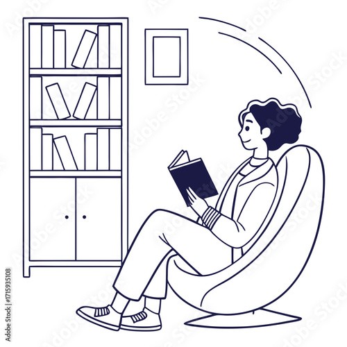 Person relaxing in a comfortable chair reading a book next to a bookshelf in a cozy room