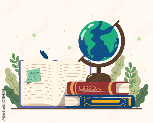 Stack of books with World Model, back to school concept. Education and knowledge vector concept.