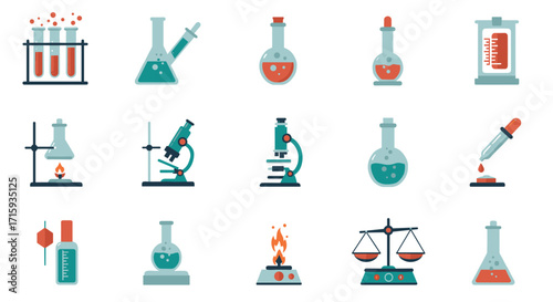 Colorful set of chemistry laboratory equipment icons in flat design