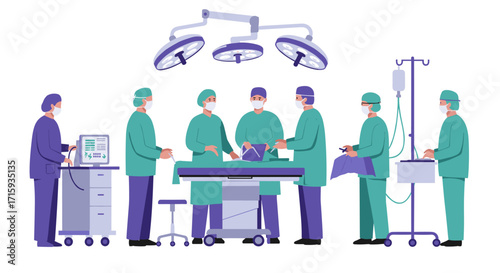 Medical team performing surgery in operating room with modern equipment