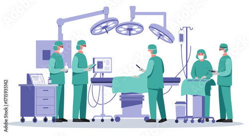 Hospital operating room scene with medical team in surgery
