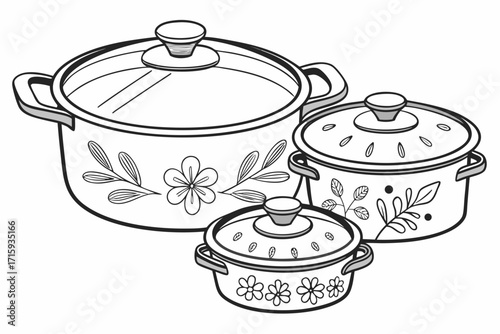 Set of three stylized cooking pots with floral and leaf patterns varying sizes black and white line art illustration.