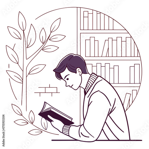 Young man engrossed in reading a book in a cozy library setting with bookshelves and a plant