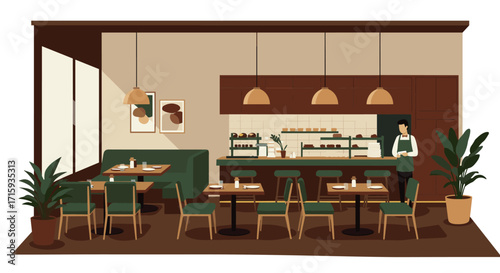 Cozy modern cafe interior with barista and seating area in warm earth tones