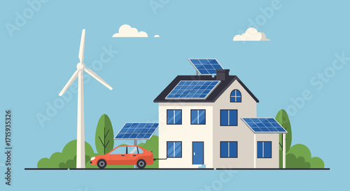 Sustainable home energy solutions with solar panels and wind turbine in flat design