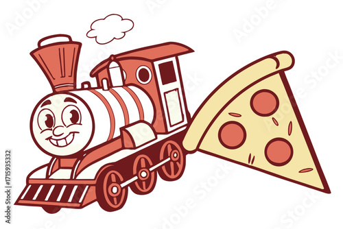 Smiling cartoon train engine carrying a large pepperoni pizza slice featuring a friendly face and smoke cloud.