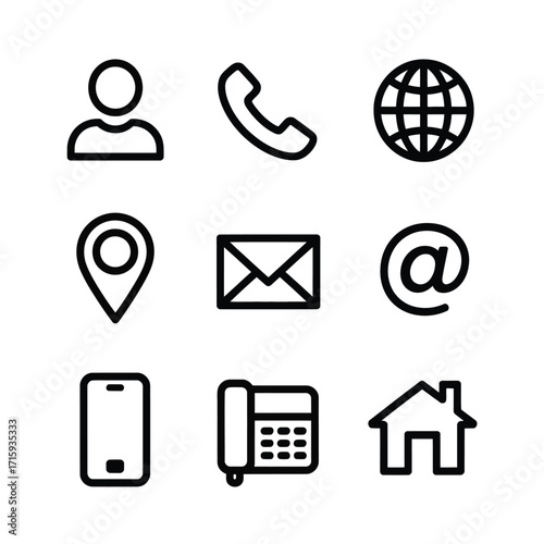 Scalable vector contact icons set person phone globe mail location email phone home house silhouette vector illustration white background
