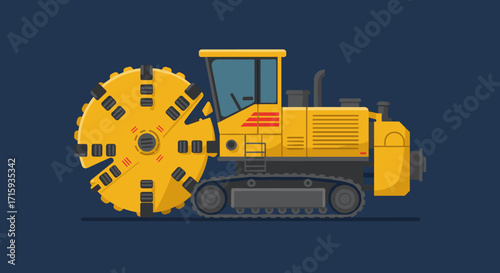 Colorful flat art of industrial trencher on dark background