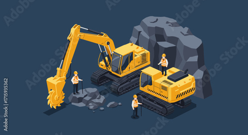 Isometric construction scene with excavators and workers in quarry setting