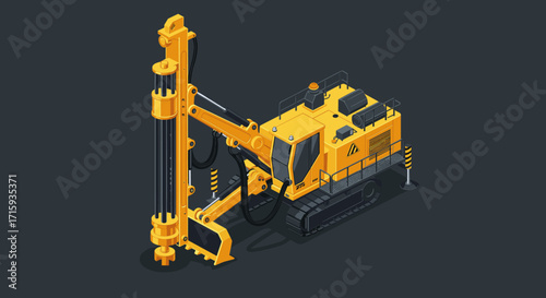 Isometric heavy machinery: detailed yellow drilling rig on dark background