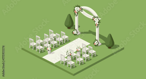 Isometric outdoor wedding ceremony setup with floral arch and chairs