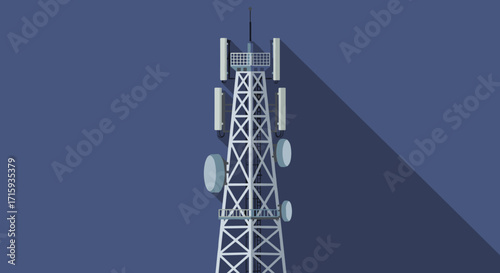 Flat design telecommunication tower with antennas on blue background