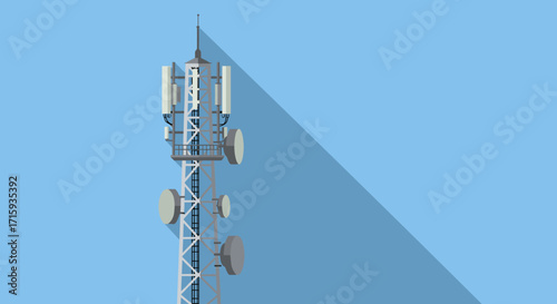 Minimalist communication tower with long shadow on blue background