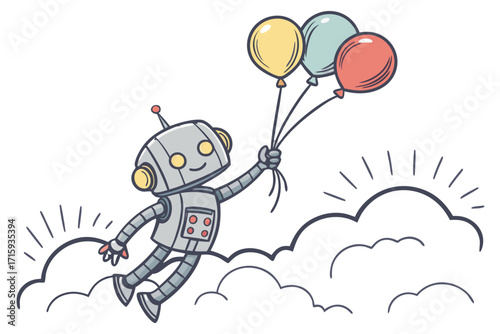 Smiling grey robot character with yellow eyes and red antenna holding three colorful balloons.