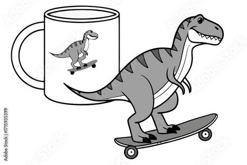 Smiling grey cartoon dinosaur skateboarding with a matching dinosaur graphic on a white mug.