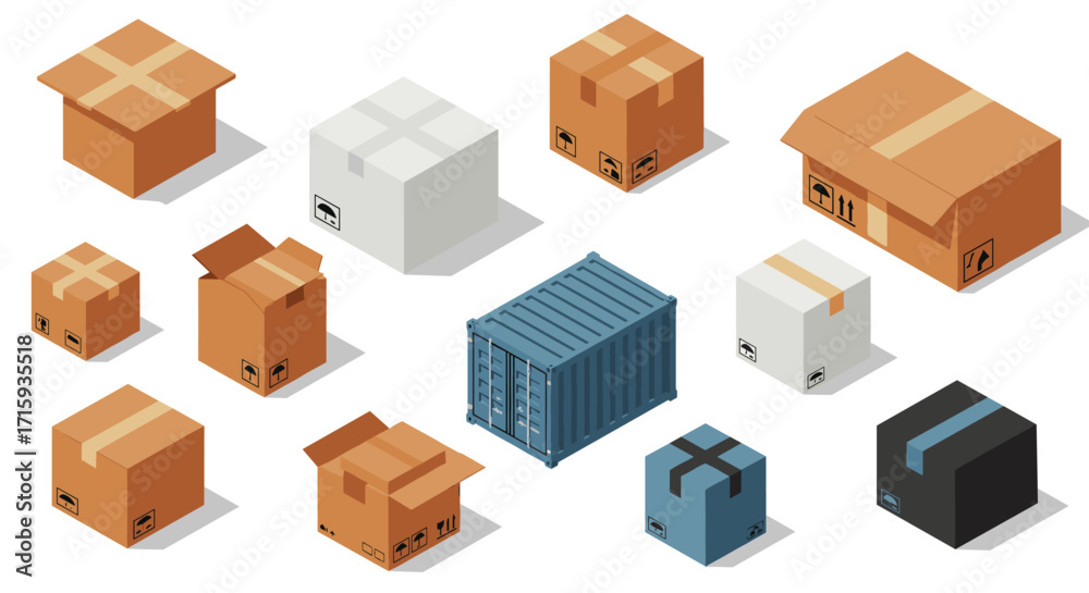 Fototapeta premium Various boxes and shipping container with isometric design for efficient logistics