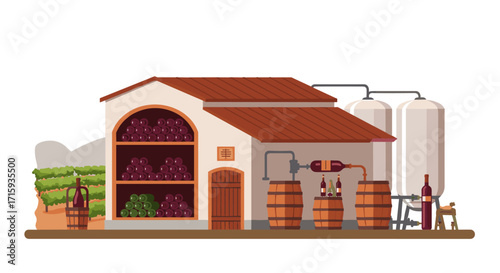 Rustic winery with barrels and vines in flat design