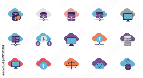 Cloud computing technology icon set featuring servers, networks, and data synchronization