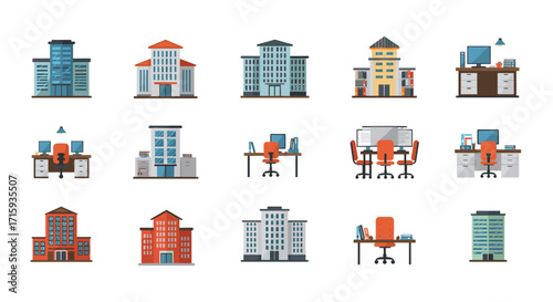 Modern office and building icons set featuring various architectural styles