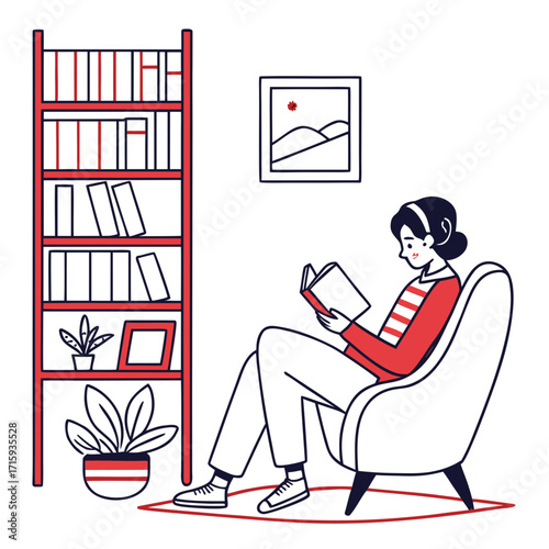 Young woman relaxing in a comfortable chair reading a book next to a bookshelf with plants and artwork