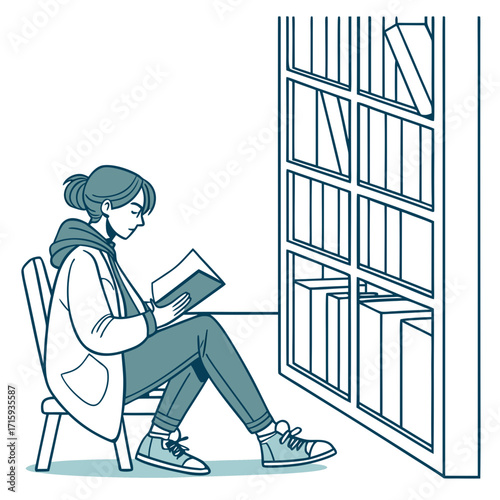 Young woman sitting on a chair reading a book next to a tall bookshelf filled with books