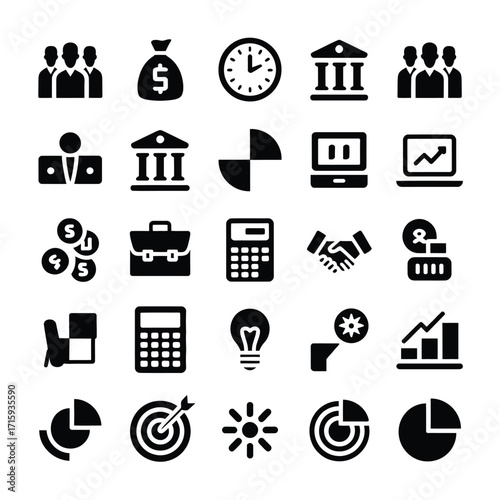 Collection of 20 black and white vector icons representing business finance and strategy concepts silhouette vector illustration white background