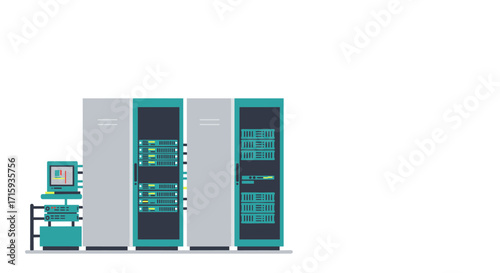Colorful flat design of data center servers and vintage computer equipment