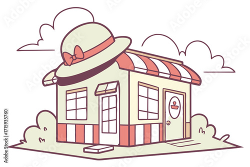 Stylized cream shop building with pink striped awning and decorative sun hat on roof.