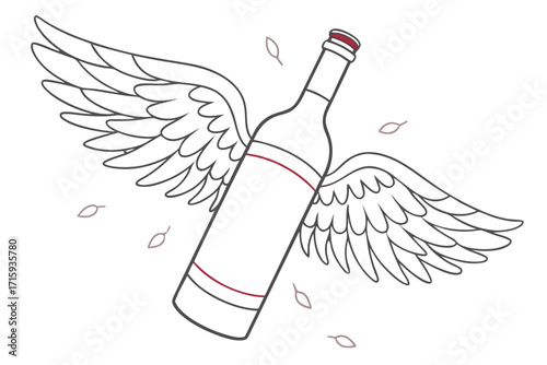 Stylized flying wine bottle with feathered wings red cap and label stripe illustration.