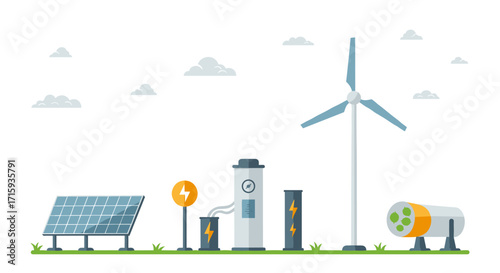 Renewable energy sources: wind turbine and solar panel in flat design