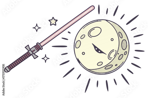 Stylized handdrawn moon with determined face radiating lines pink lightsaber and stars.