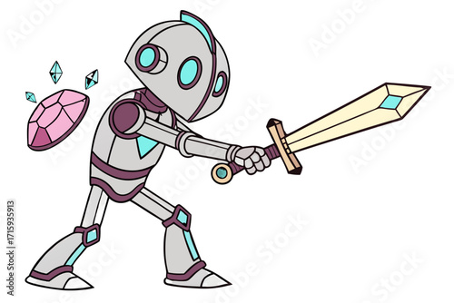 Stylized grey robot warrior with cyan accents wielding a luminous sword accompanied by magical floating gems.