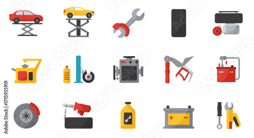 Flat design auto repair tools and equipment set for garage and workshop