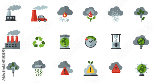 Environmental pollution and sustainability icons in flat style