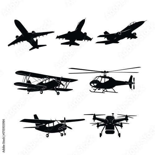 Collection of diverse aircraft silhouettes including biplane jet helicopter drone silhouette
