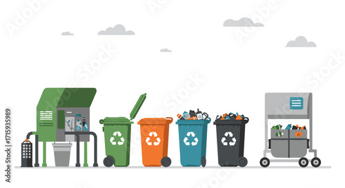Recycling process with colorful bins and waste sorting machines