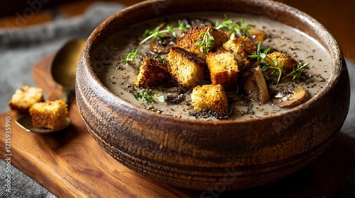 Creamy Mushroom Soup with Toasted Croutons and Fresh Microgreens