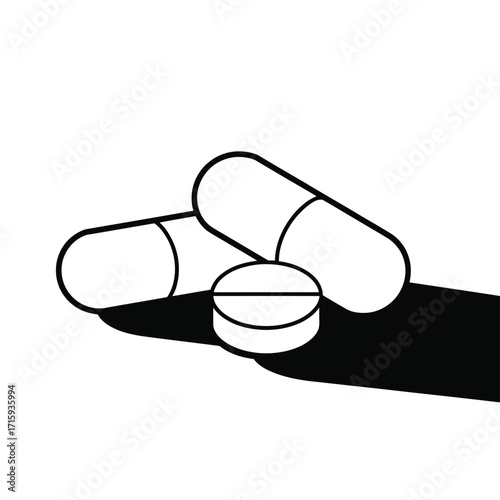 Clean vector line drawing of three pharmaceutical pills and capsules scalable eps illustration silhouette vector illustration white background