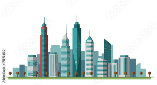 Modern city skyline with tall buildings and trees in flat style
