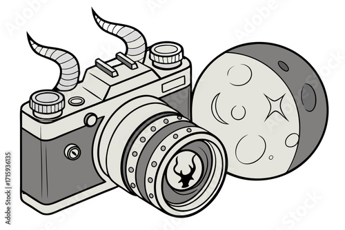 Stylized retro camera with striped horns antler lens and a celestial moon illustration.