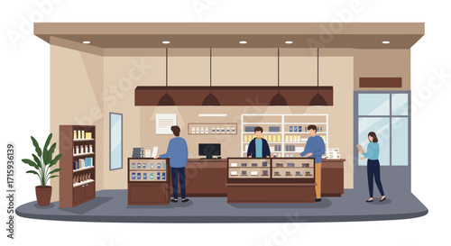 Modern pharmacy interior with customers and staff in a sleek flat design