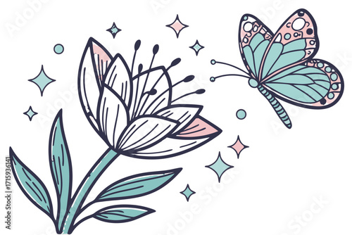 Stylized pastel butterfly flying towards a blooming flower with teal leaves and pink petals outlined in dark blue.