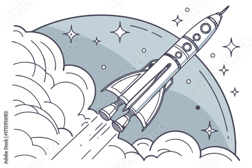 Stylized retro rocket launching featuring detailed portholes and powerful exhaust plumes.