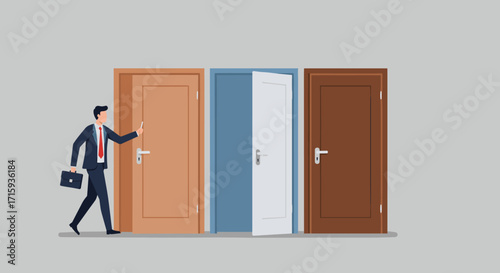 Business decision concept with three doors and businessman