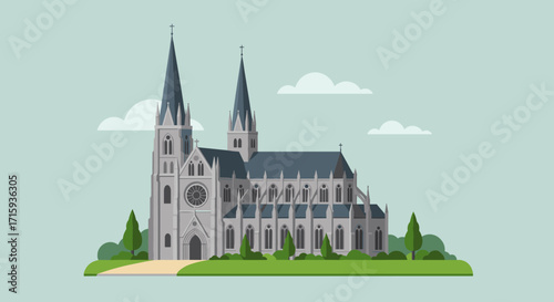 Gothic cathedral architecture with greenery and clear sky in modern flat design