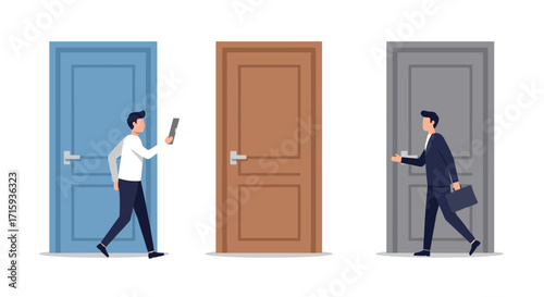 Decision making concept with three doors and business characters