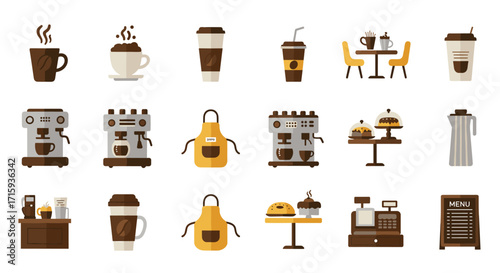Cozy coffee shop elements with cups, machines, and bakery treats in flat design